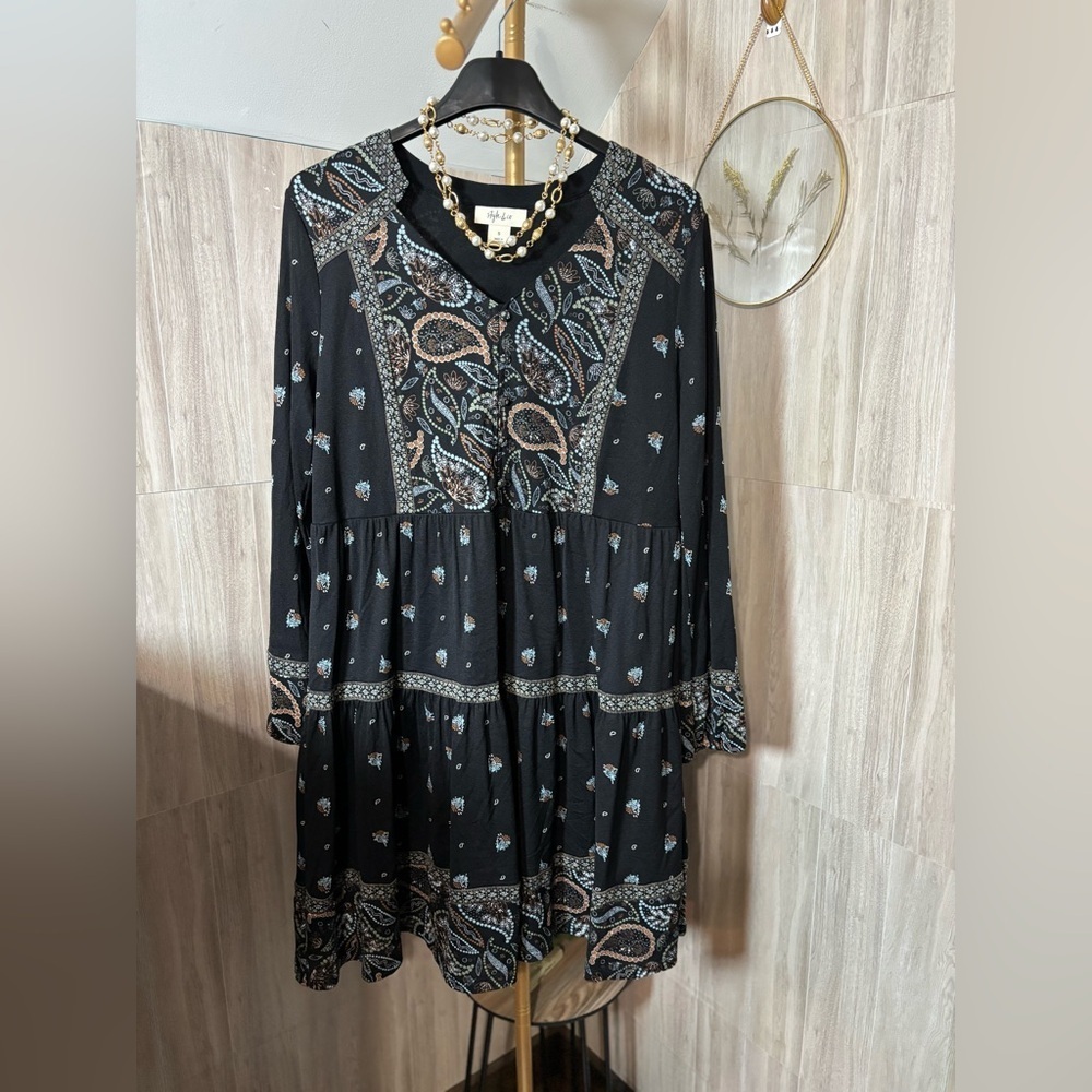 Style & Co. Black Peasant Dress with Cream Blue and Tan Paisley Accents